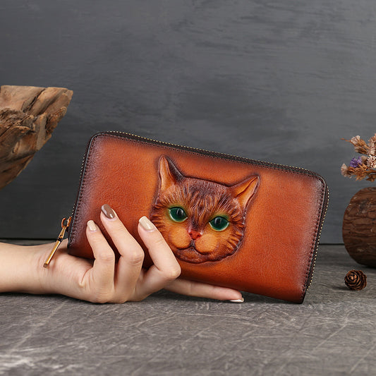 Cat Embossed Handcrafted Premium Leather Purse